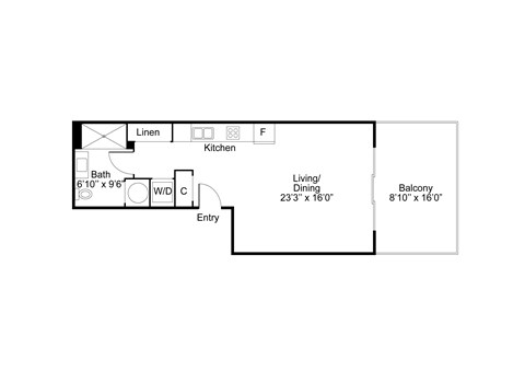 Floor plan for studio, 1 bath, 592 sqft